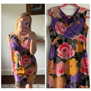 Vintage 80s Floral Bodycon Dress Gold Lurex Metallic Bold Small Sunburst Bodice‎